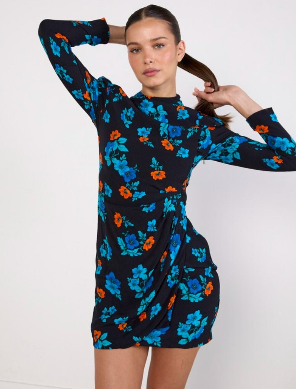 Maje ripita asymmetrical button down black floral dress